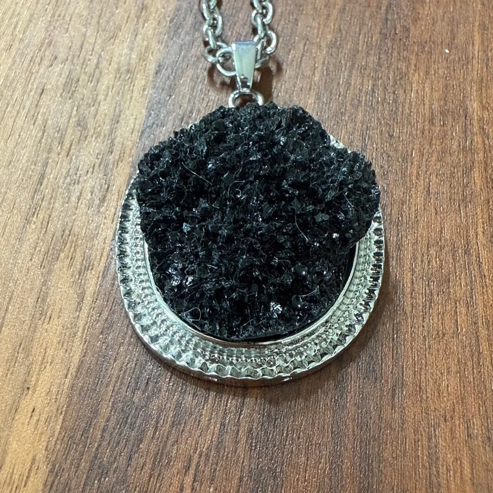 NWT Ashley Cooper Silver Tone Black Druzy Rock Geode Pendant Art Deco Necklace